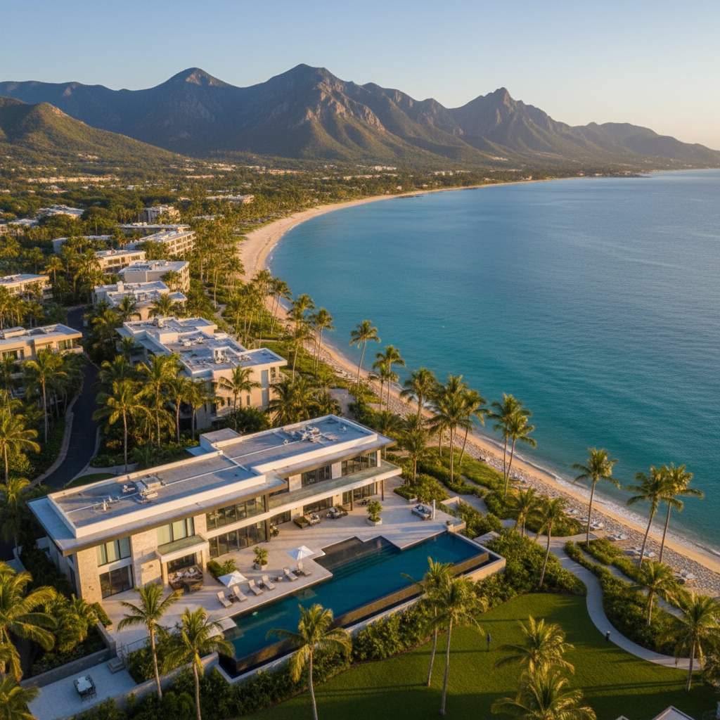 Aerial view of a luxurious vacation rental property in an ideal location, modern architecture nestled near a pristine beach with turquoise water, surrounded by palm trees and lush greenery, walking distance to coastal attractions, golden hour lighting, premium residential area with mountain backdrop in distance, inviting outdoor pool and patio visible, perfect proximity to both nature and amenities, aspirational vacation destination aesthetic
