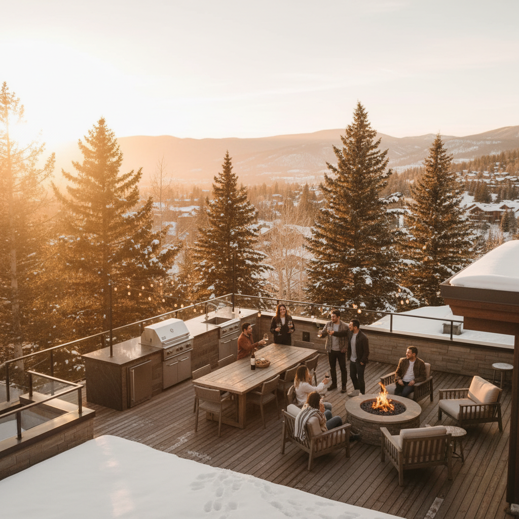 Luxury vacation rental with outdoor entertainment space, featuring outdoor kitchen, dining area with group of friends, and fire pit seating area, warm golden hour lighting, architectural photography style