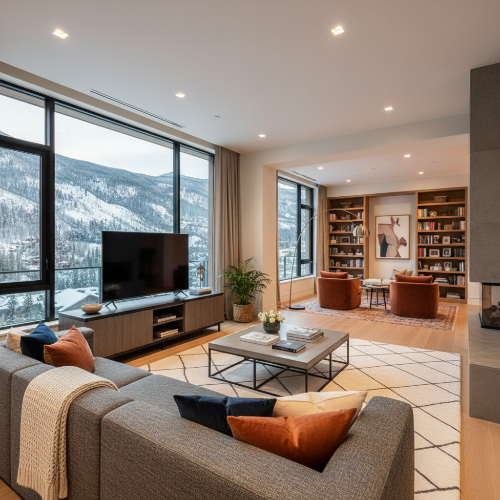 A modern luxury vacation rental living room with multiple seating areas. Spacious open concept design showing a main gathering space with large sectional sofa and entertainment center, plus a separate cozy reading nook or den area in the background. Warm ambient lighting, floor-to-ceiling windows with natural light, elegant contemporary furniture, and premium finishes. Show depth and separation between different zones while maintaining visual connection. High-end vacation home interior photography style.