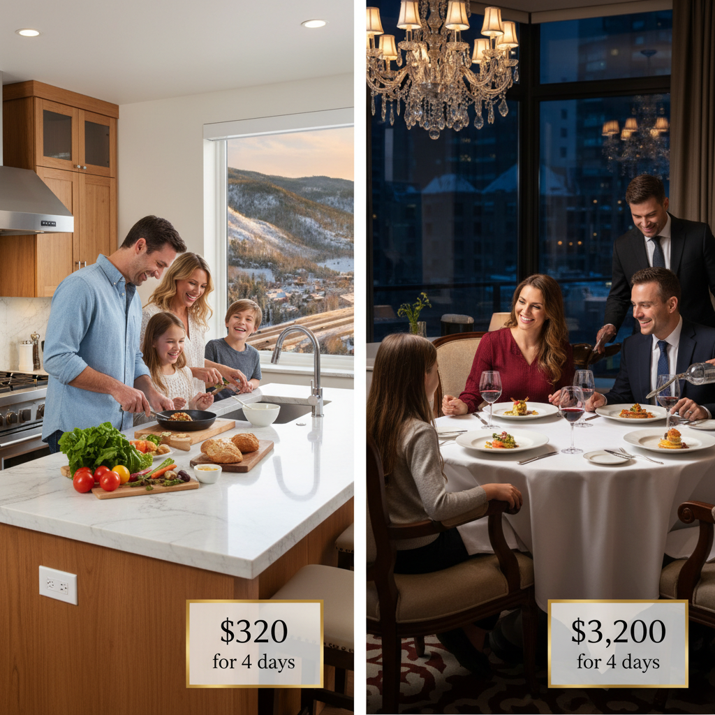 A split-screen comparison showing luxury vacation rental cost savings: Left side shows a modern gourmet kitchen in a luxury rental with fresh groceries on the counter, a family cooking together, and a subtle price tag showing "$320 for 4 days". Right side shows an upscale restaurant dining scene with the same family, with a price tag showing "$3,200 for 4 days". The image should clearly convey the financial difference between cooking in a luxury rental versus dining out. Photorealistic style, bright and inviting, with clean composition that emphasizes the cost-saving concept.