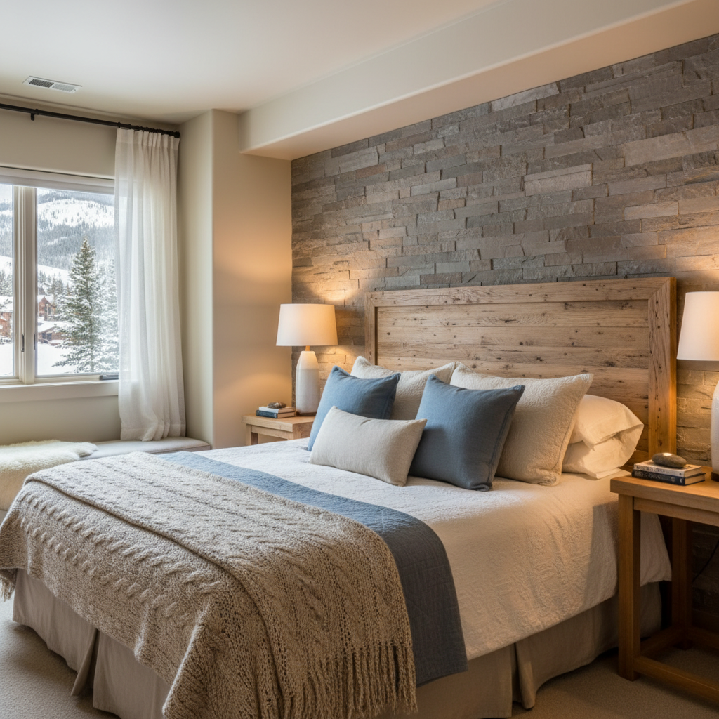 Cozy vacation rental bedroom interior showcasing psychological comfort design elements: warm neutral color palette with soft blues and grays, layered lighting including bedside lamps and natural window light, plush textured throws and pillows on comfortable bed, natural wood and stone materials, peaceful and inviting atmosphere that promotes relaxation