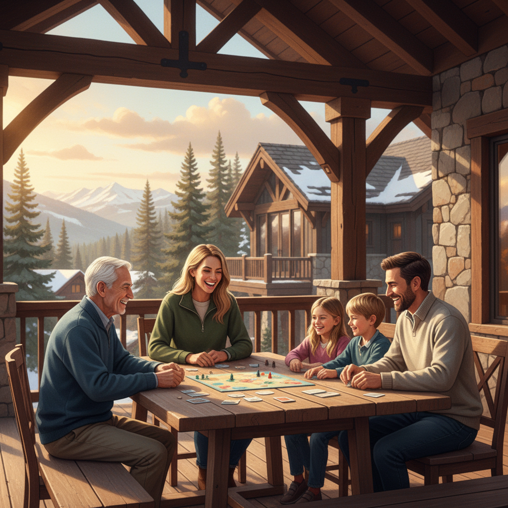A warm, candid scene of three generations of a family enjoying unplanned quality time together - grandparents, parents, and children playing cards or a board game around a large wooden table on a covered patio or deck, with natural afternoon lighting, relaxed body language, genuine smiles and laughter, vacation home setting in background, premium lifestyle photography style, soft natural colors, spontaneous moment capturing connection and joy