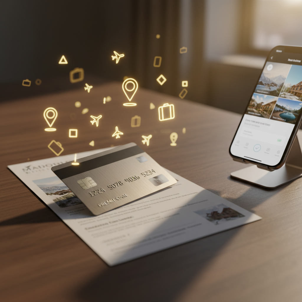 A premium credit card laying on top of a luxurious vacation rental booking confirmation, surrounded by floating golden loyalty points and travel rewards symbols, with a modern smartphone displaying a travel app nearby. The scene is set on a sleek wooden desk with soft natural lighting, conveying an aspirational and sophisticated travel planning moment. Photorealistic style with warm, inviting tones that emphasize the premium nature of earning rewards on vacation stays.