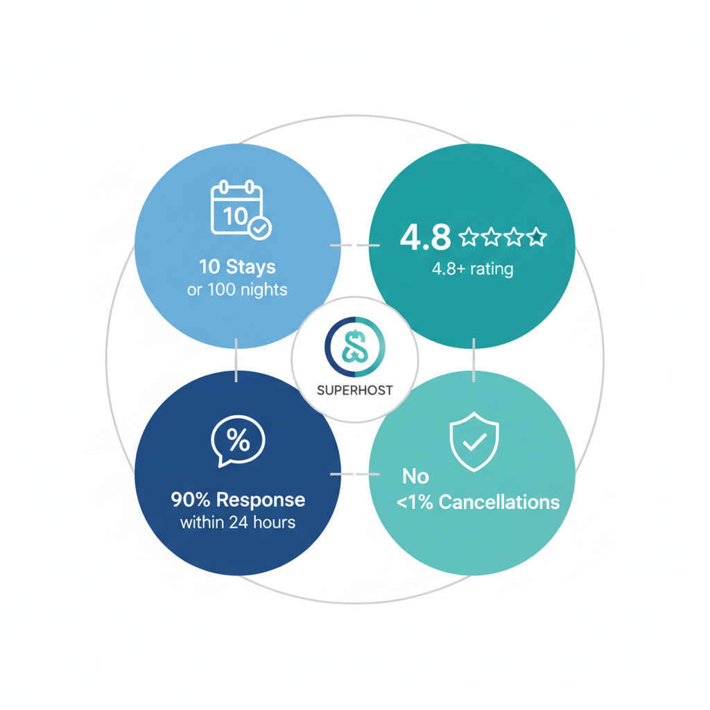 A clean, modern infographic showing the four Airbnb Superhost requirements in a circular or grid layout. Include four distinct sections with icons: 1) "10 Stays" with a calendar/booking icon showing "10 completed stays or 100 nights", 2) "4.8 Stars" with a star rating visual showing "4.8+ rating", 3) "90% Response" with a message/chat icon showing "90% response rate within 24 hours", 4) "No Cancellations" with a checkmark or shield icon showing "<1% cancellations". Use a professional blue and teal color scheme with clean typography. Include a Superhost badge or symbol in the center. Modern, minimalist design with clear visual hierarchy.